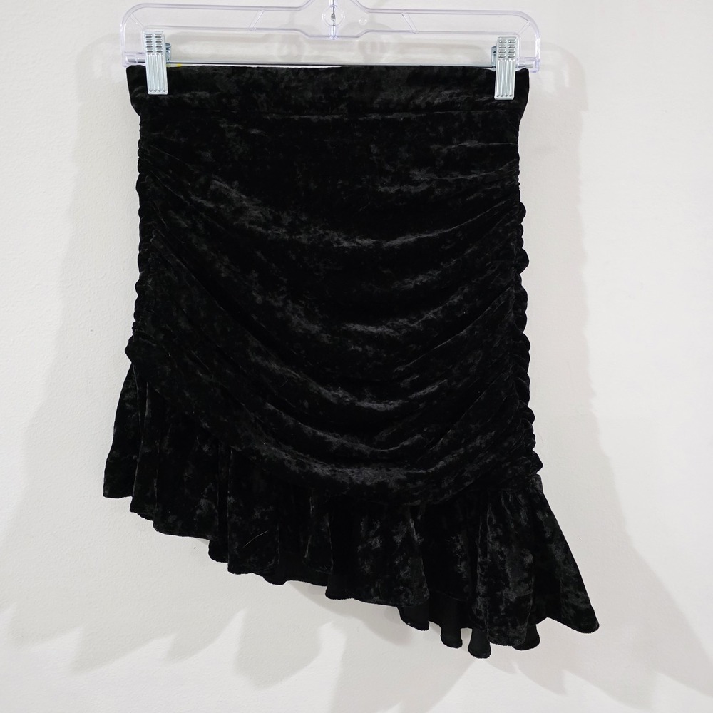Zara Velvet High Waisted Mini‎ Skirt Size Xs Black Ruffle Assymetric Whimsigoth